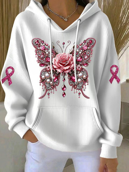 Women's Breast Cancer Awareness Pink Butterfly Print Casual Sweatshirt