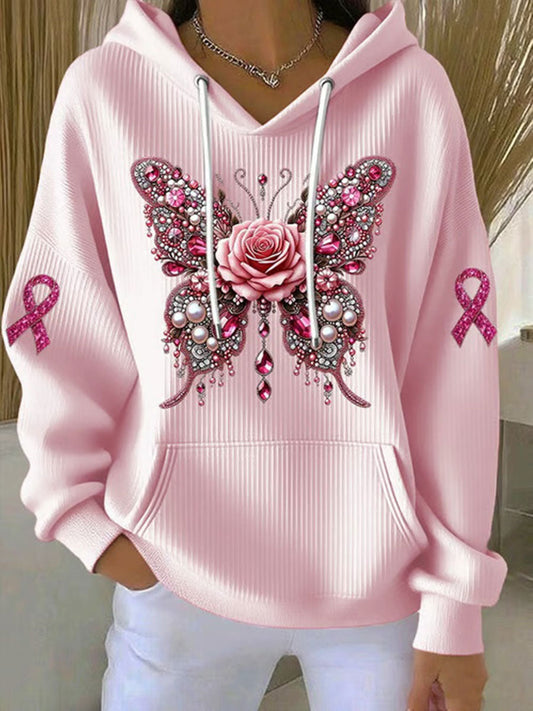 Women's Breast Cancer Awareness Pink Butterfly Print Casual Sweatshirt