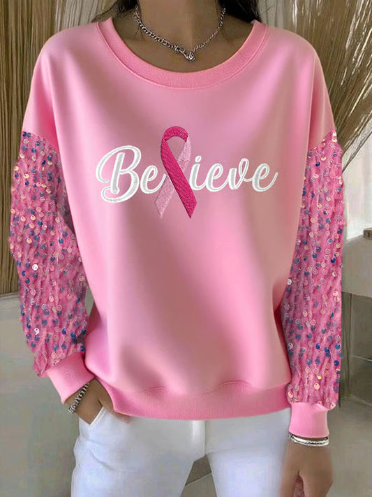 Women's Pink Ribbon Print Casual Sweatshirt