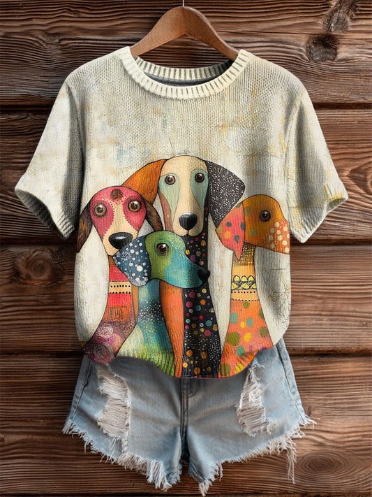 Women's Vintage Dog Print Art Cozy Knit Top