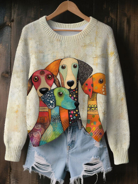 Women's Vintage Dog Print Art Casual Knitted Sweater