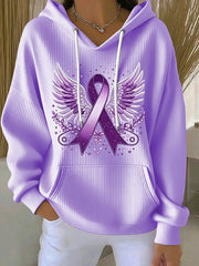 Women's Purple Ribbon Print Casual  Hoodie