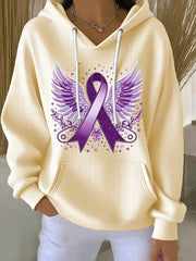 Women's Purple Ribbon Print Casual  Hoodie