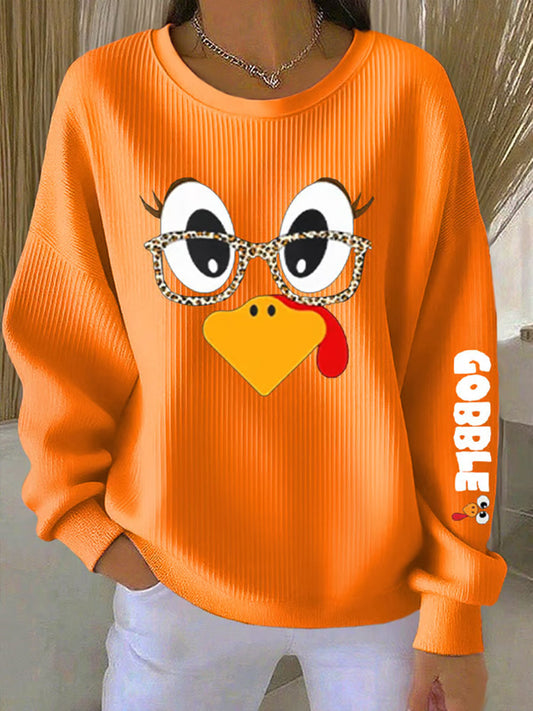 Women's Retro Thanksgiving GOBBLE Print Round Neck Sweatshirt