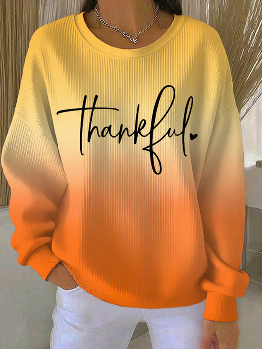 Women's Retro Thanksgiving Thankful Print Round Neck Sweatshirt