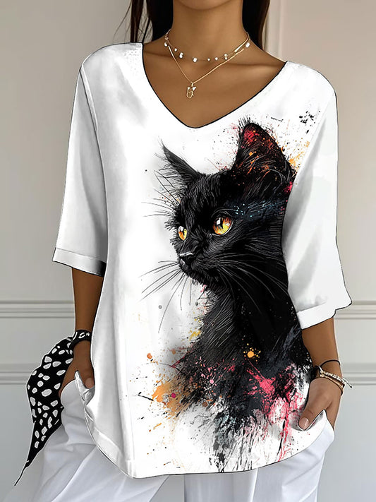 Women's cute cat Printed Half-Sleeve T-Shirt