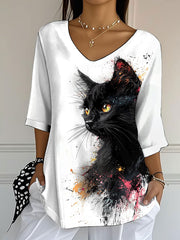 Women's cute cat Printed Half-Sleeve T-Shirt
