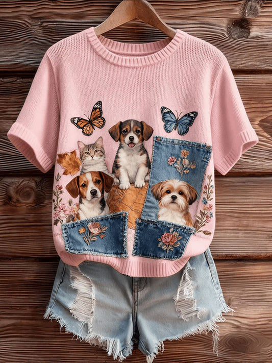 Women's Cute Stacked Cats And Dogs Short-sleeved T-shirt