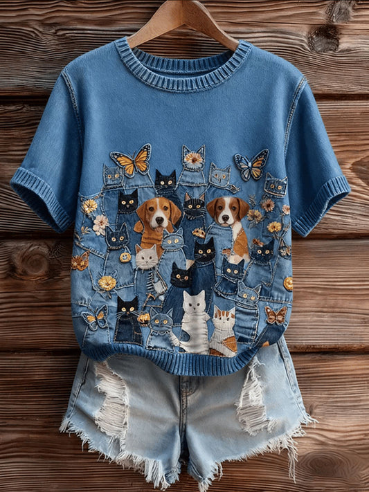 Women's Cute Stacked Cats And Dogs Short-sleeved T-shirt