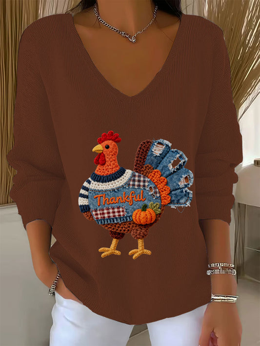 Women's Thanksgiving Turkey V-neck Long Sleeve T-shirt