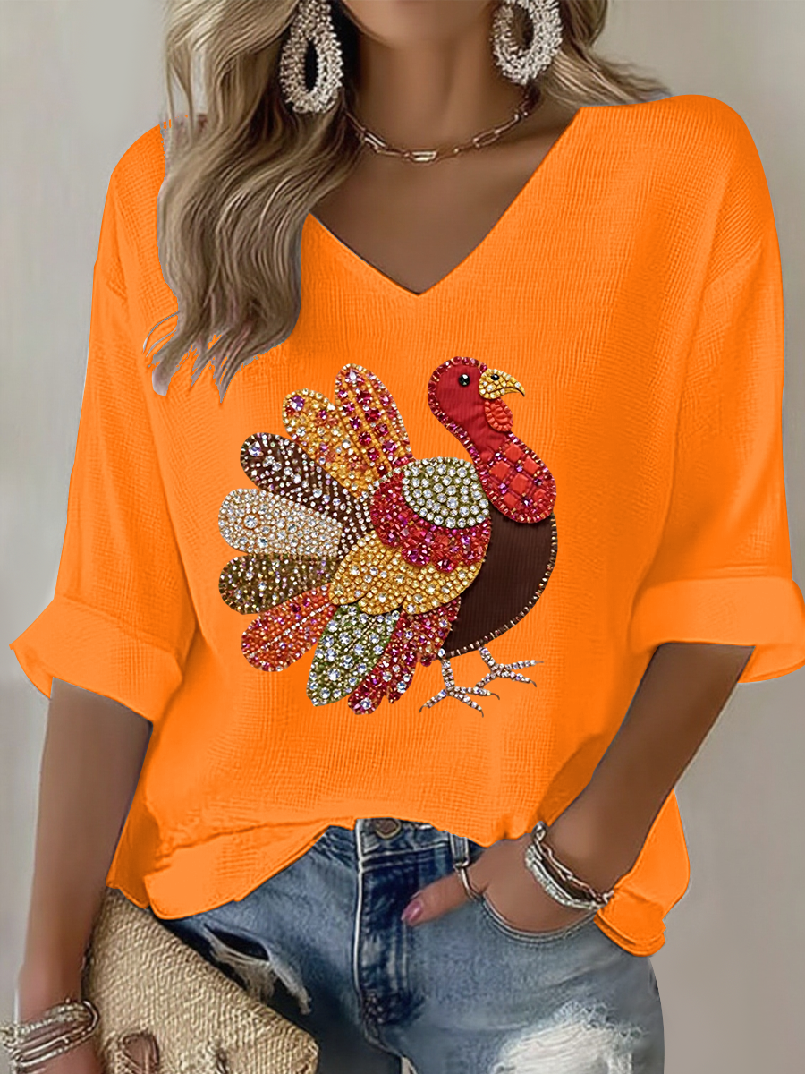 Women's Thanks giving day turkey Printed Waffle T-shirt