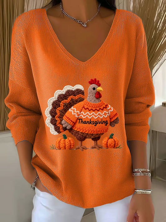 Women's Thanksgiving Turkey V-neck Long Sleeve T-shirt