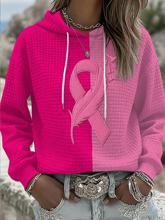 Women's Casual Breast Cancer Ribbon Contrast Plaid Hoodie