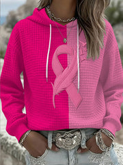 Women's Casual Breast Cancer Ribbon Contrast Plaid Hoodie