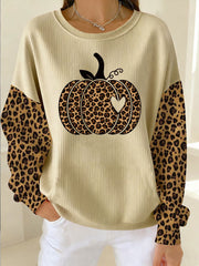 Women's Thanksgiving Leopard Pumpkin Ribbed Round-Neck Sweatshirt