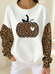 Women's Thanksgiving Leopard Pumpkin Ribbed Round-Neck Sweatshirt