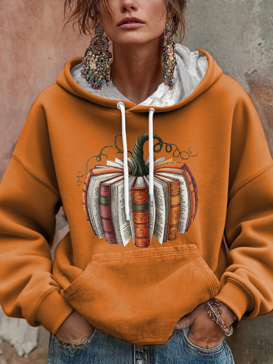 Women's Thanksgiving Autumn Pumpkin Book Lover Printed Hoodie