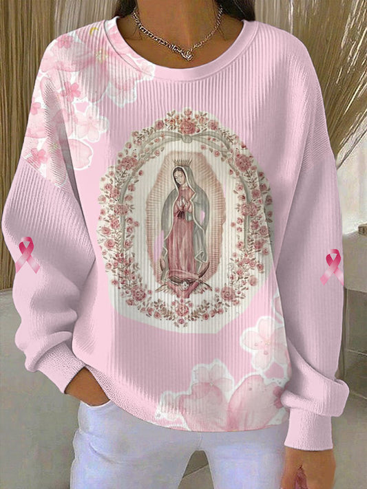 Women's Virgin Mary Pink Breast Cancer Awareness Ribbed Round-Neck Sweatshirt