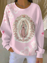Women's Virgin Mary Pink Breast Cancer Awareness Ribbed Round-Neck Sweatshirt