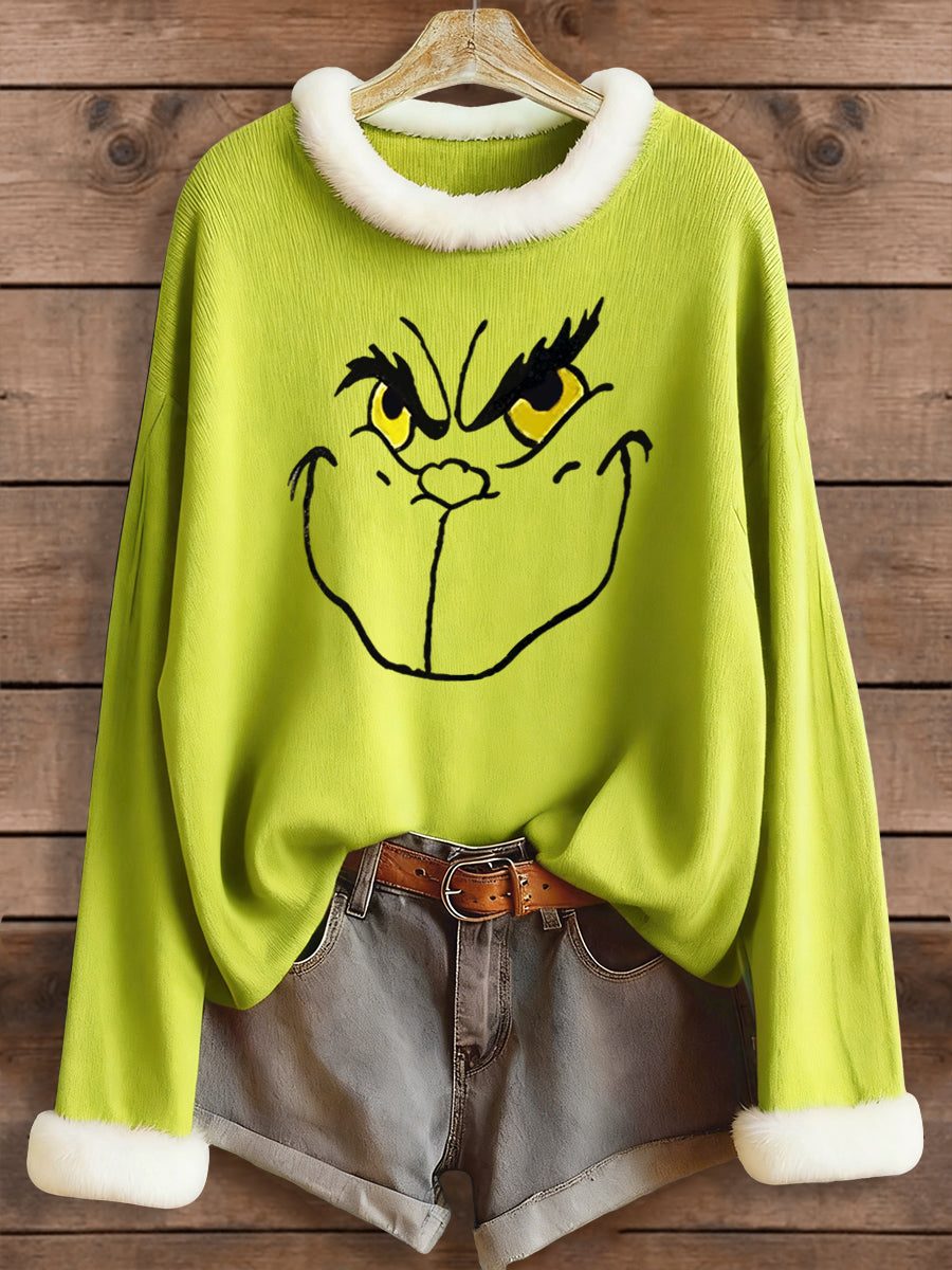 Women's Funny Christmas EW People Print fur collar Top