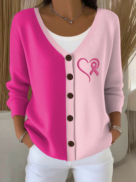 Women's Breast Cancer Awareness Pink Ribbon Print Casual Cardigan