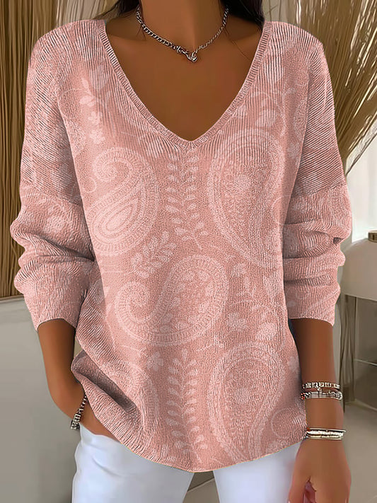 Women's Pink Floral Art Print V-Neck Ribbed Top