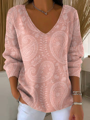 Women's Pink Floral Art Print V-Neck Ribbed Top