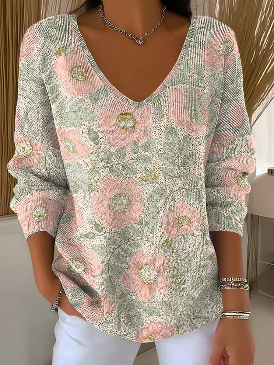 Women's Pink Floral Art Print V-Neck Ribbed Top