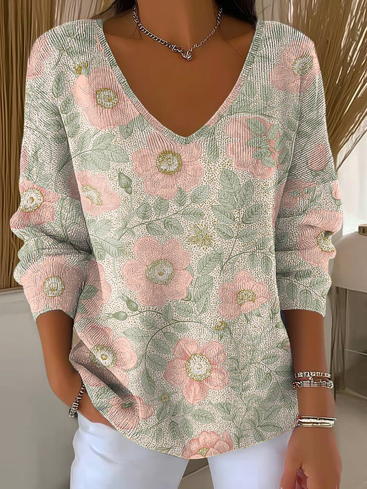Women's Pink Floral Art Print V-Neck Ribbed Top