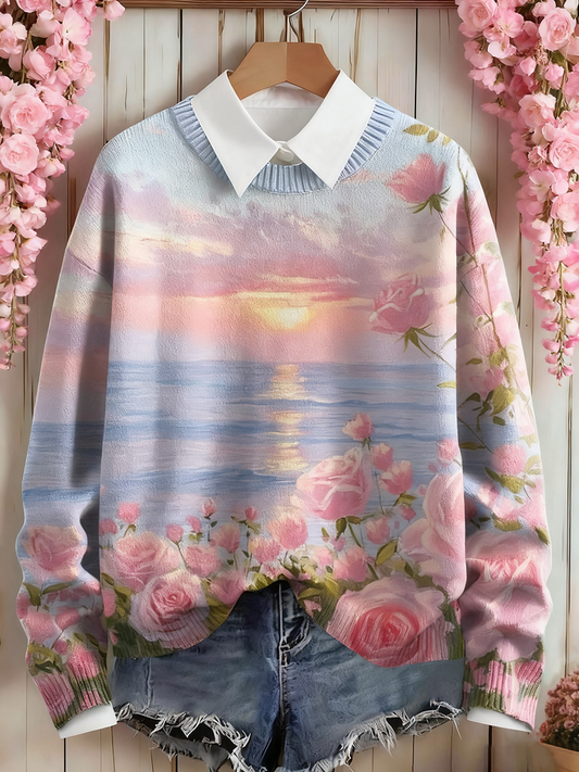 Women's Pink Floral Art Print Sweatshirt