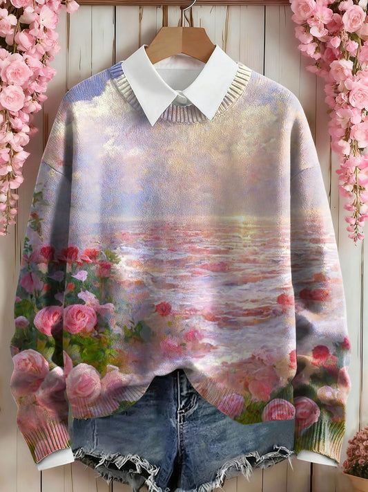 Women's Pink Floral Art Print Sweatshirt