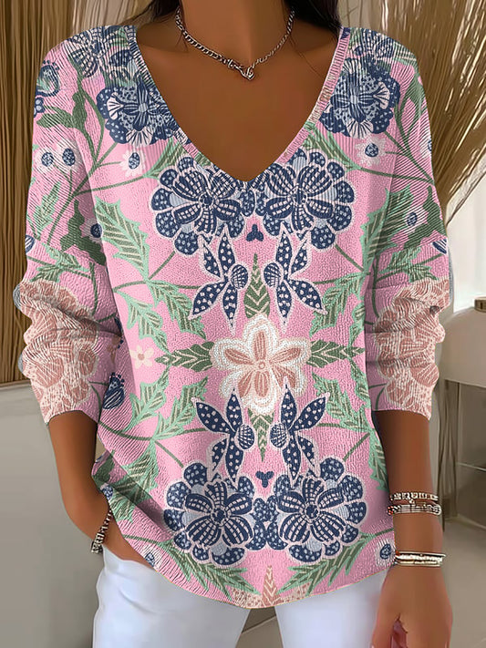 Women's Pink Floral Art Print V-Neck Ribbed Top