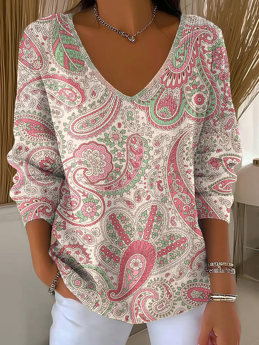 Women's Pink Art Print V-Neck Ribbed Top