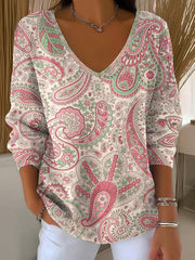 Women's Pink Art Print V-Neck Ribbed Top