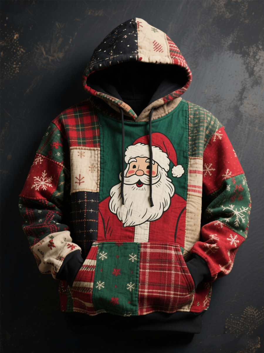 Men's Christmas patchwork Printed Oversized Drop-Shoulder Hoodie with Pockets