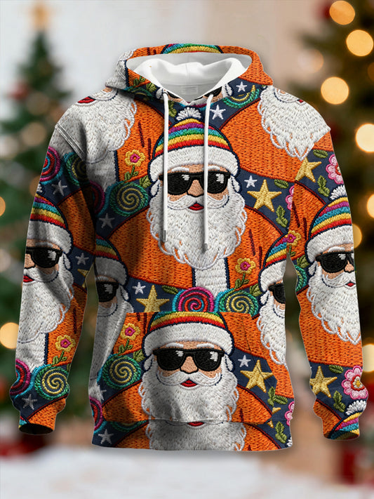 Men's Retro Groovy Hippie Santa Print Casual Hoodie