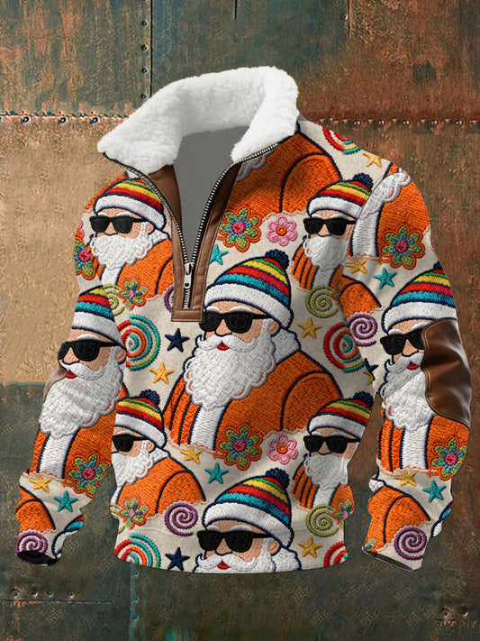 Men's Retro Groovy Hippie Santa Print Casual Zipper Fur-Collar Pullover