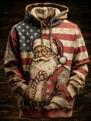 Men's Retro American Flag Christmas Santa Claus Printed Hoodie