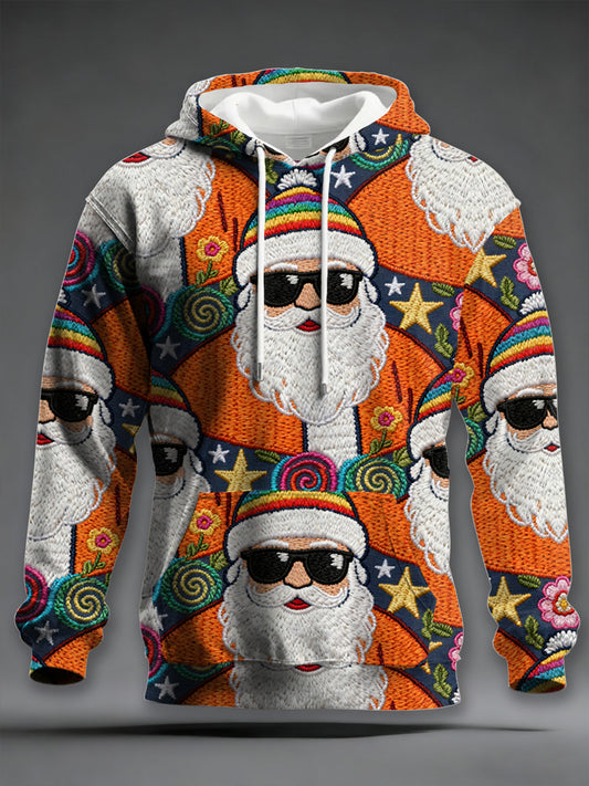 Men's Retro Groovy Hippie Santa Print Casual Hoodie