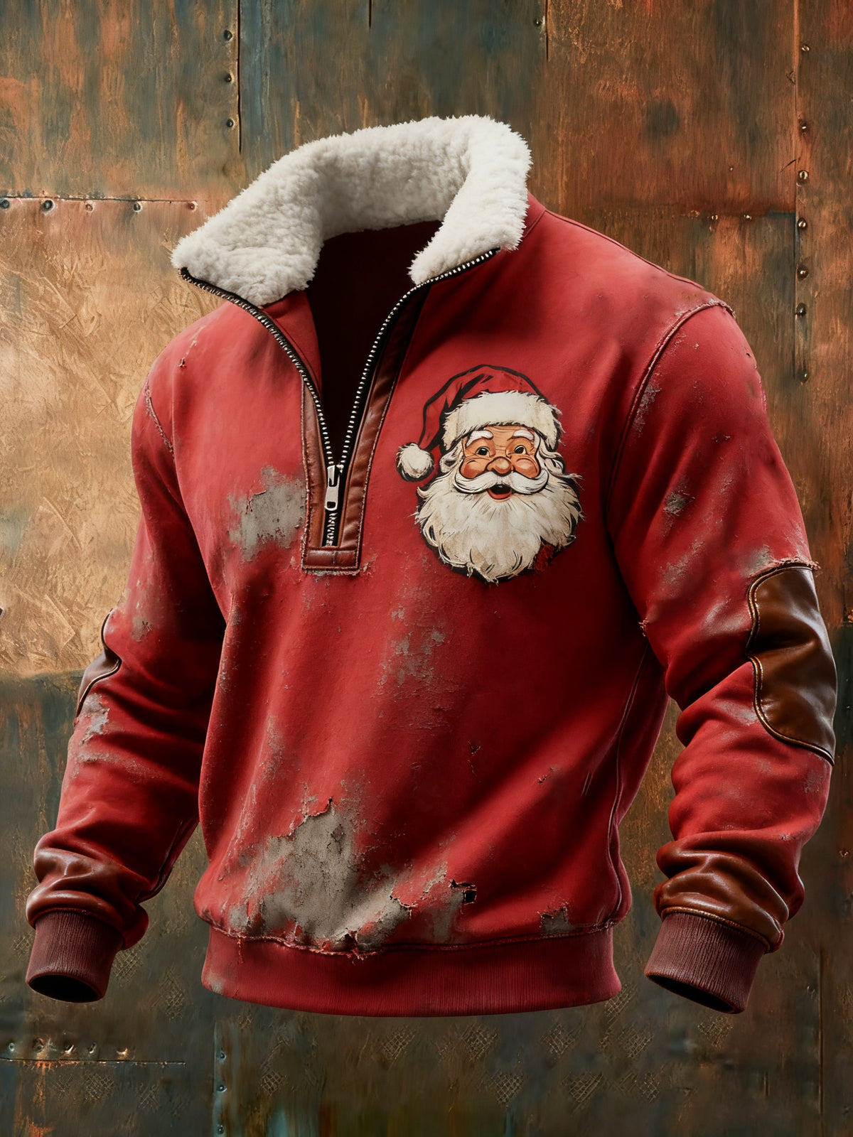 Men's Santa Claus Print Casual Zip-Up Top