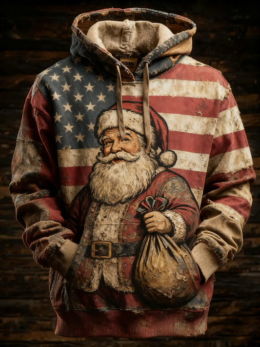 Men's Retro American Flag Christmas Santa Claus Printed Hoodie