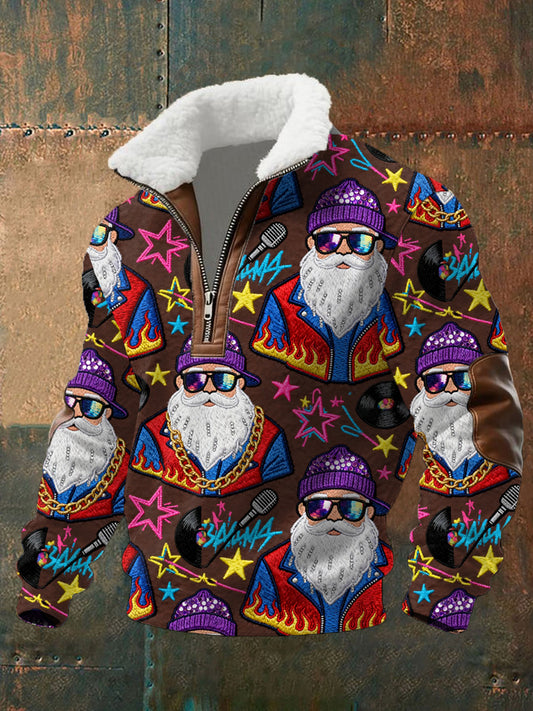 Men's Retro Groovy Hippie Santa Print Casual Zipper Fur-Collar Pullover