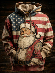 Men's Retro American Flag Christmas Santa Claus Printed Hoodie