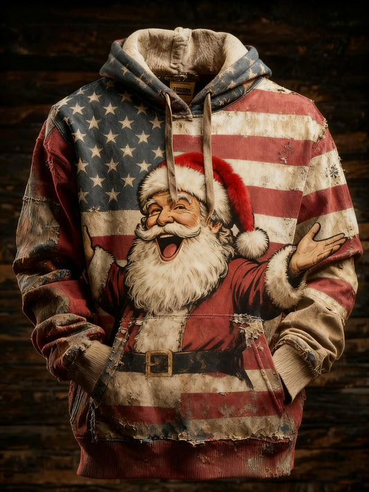 Men's Retro American Flag Christmas Santa Claus Printed Hoodie