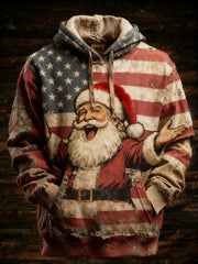 Men's Retro American Flag Christmas Santa Claus Printed Hoodie