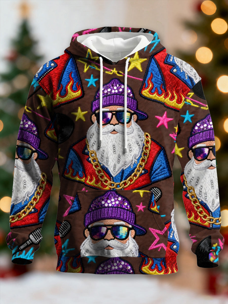 Men's Retro Groovy Hippie Santa Print Casual Hoodie