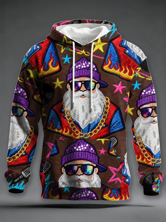 Men's Retro Groovy Hippie Santa Print Casual Hoodie