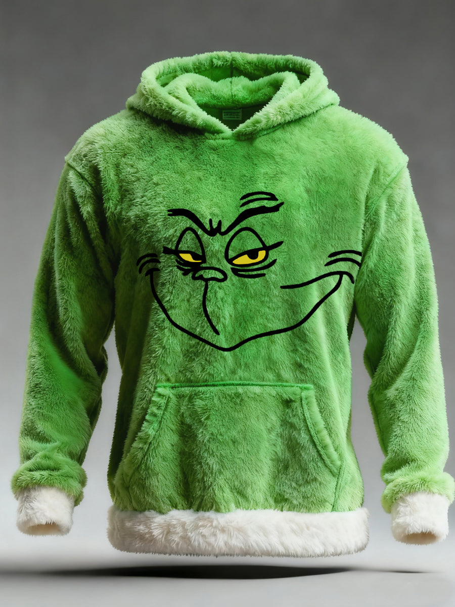 Men's Funny Classic Christmas Cartoon Character Print Casual Plush Pocket Hoodie
