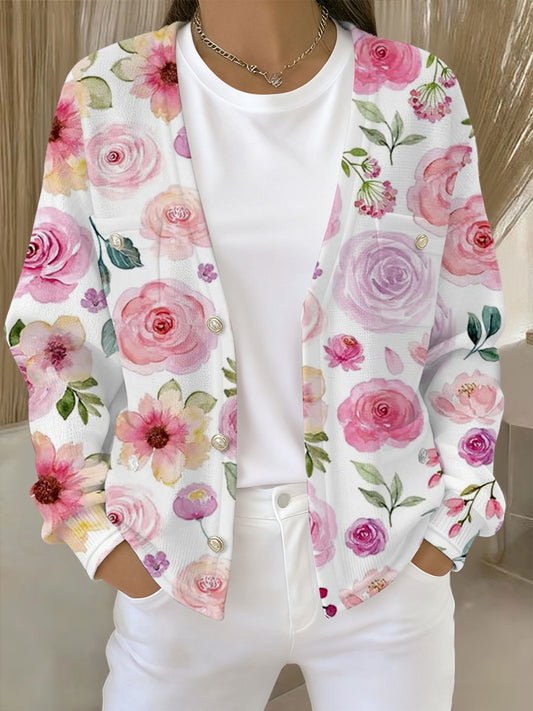 Women's Pink Floral Print Pocket Cardigan