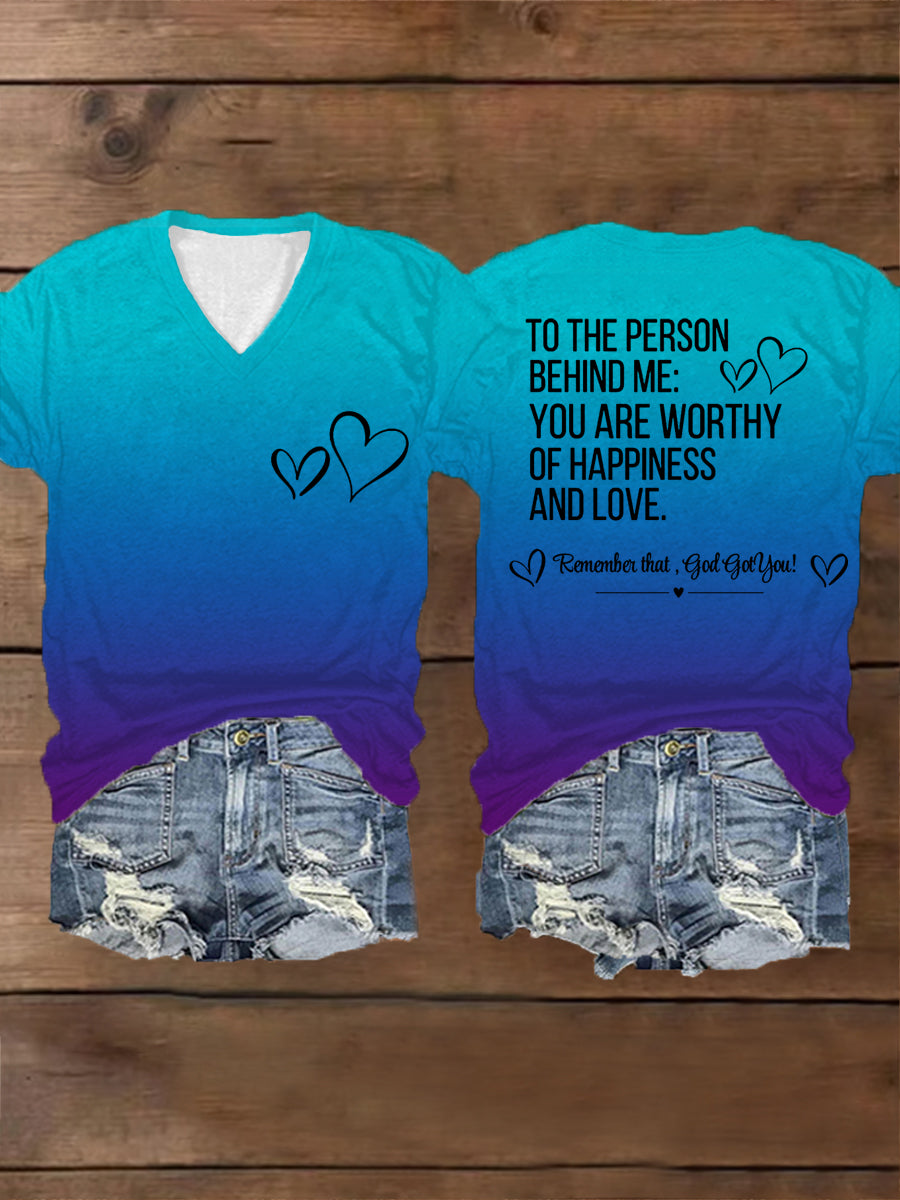 Women's Dear Person Behind Me, You Are Worthy Gradient Print Mental Health V-Neck Tee